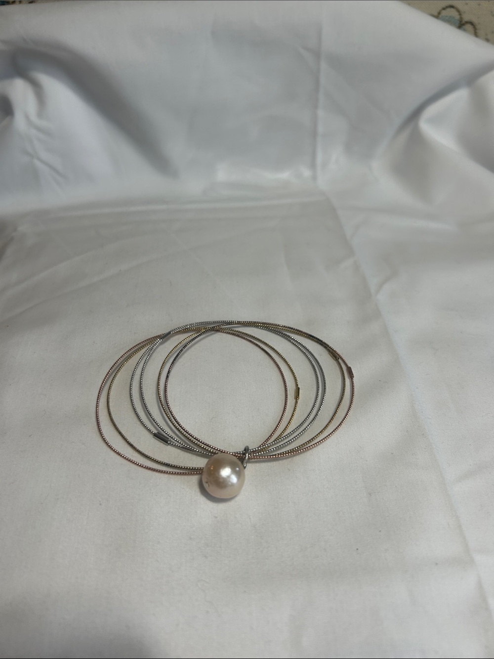Source Unknown Multi-Wire Pearl Pendant Bracelet in Silver and Rose Gold Tones
